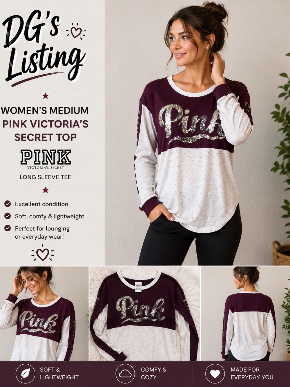 Victoria's Secret PINK Two-Tone Long Sleeve Tee - Burgundy and White